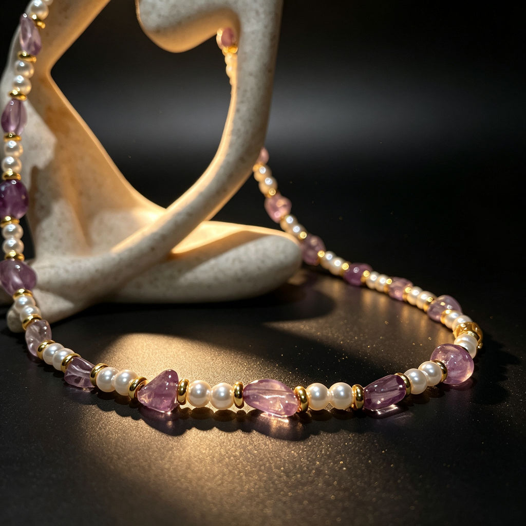 Handmade Amethyst Tumbled Stone & Pearl Choker Necklace | Gold Spacer Natural Stone Jewelry