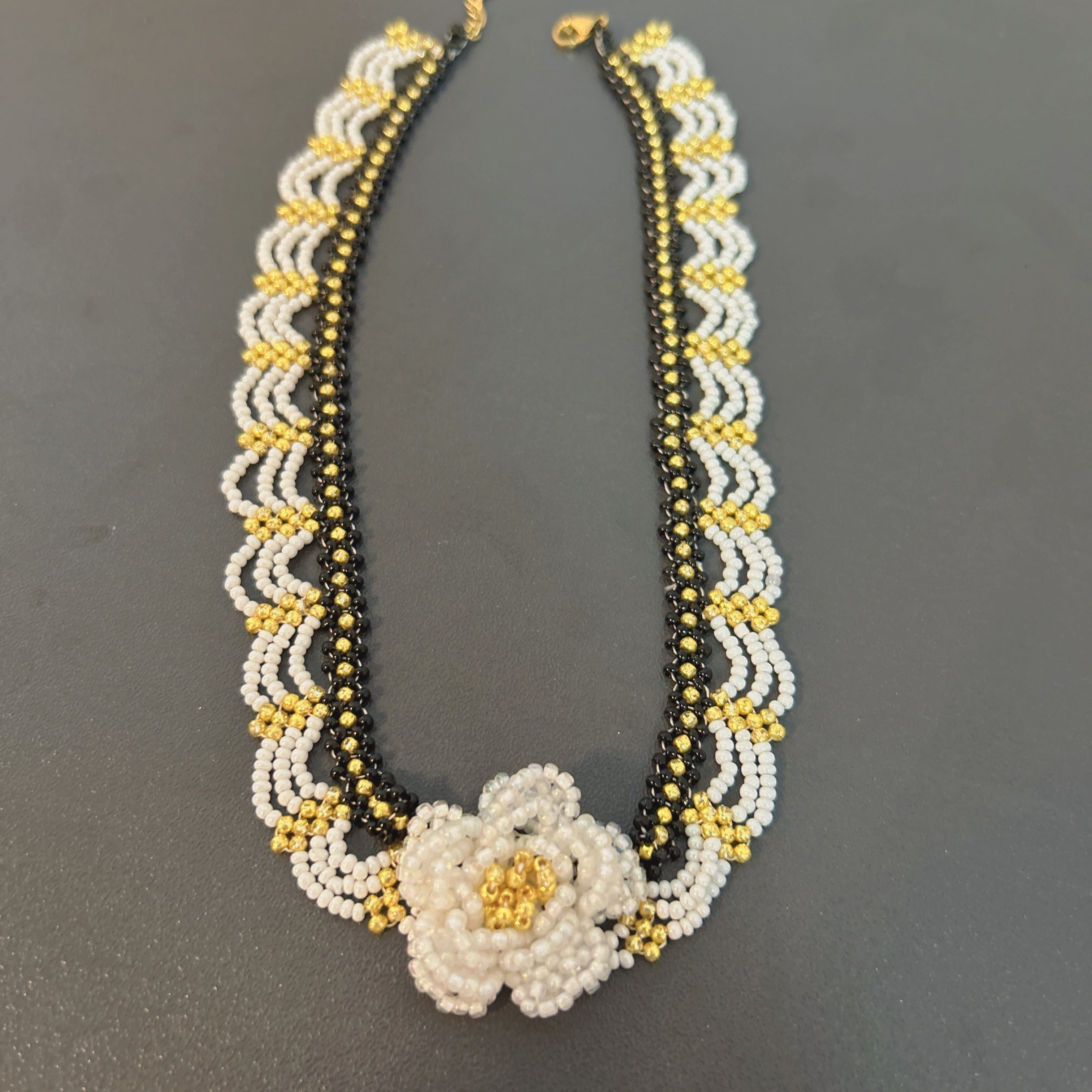 Handmade Black & White Wave Lace Beaded Choker Necklace | 3D White Rose Center Yellow-Green Stamen Cottagecore