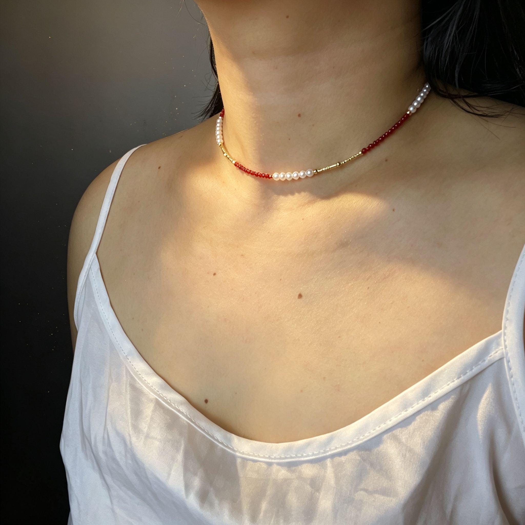 Handmade Red Crystal & Pearl Choker Necklace | Gold Tube Spacer Heart Charm Extender