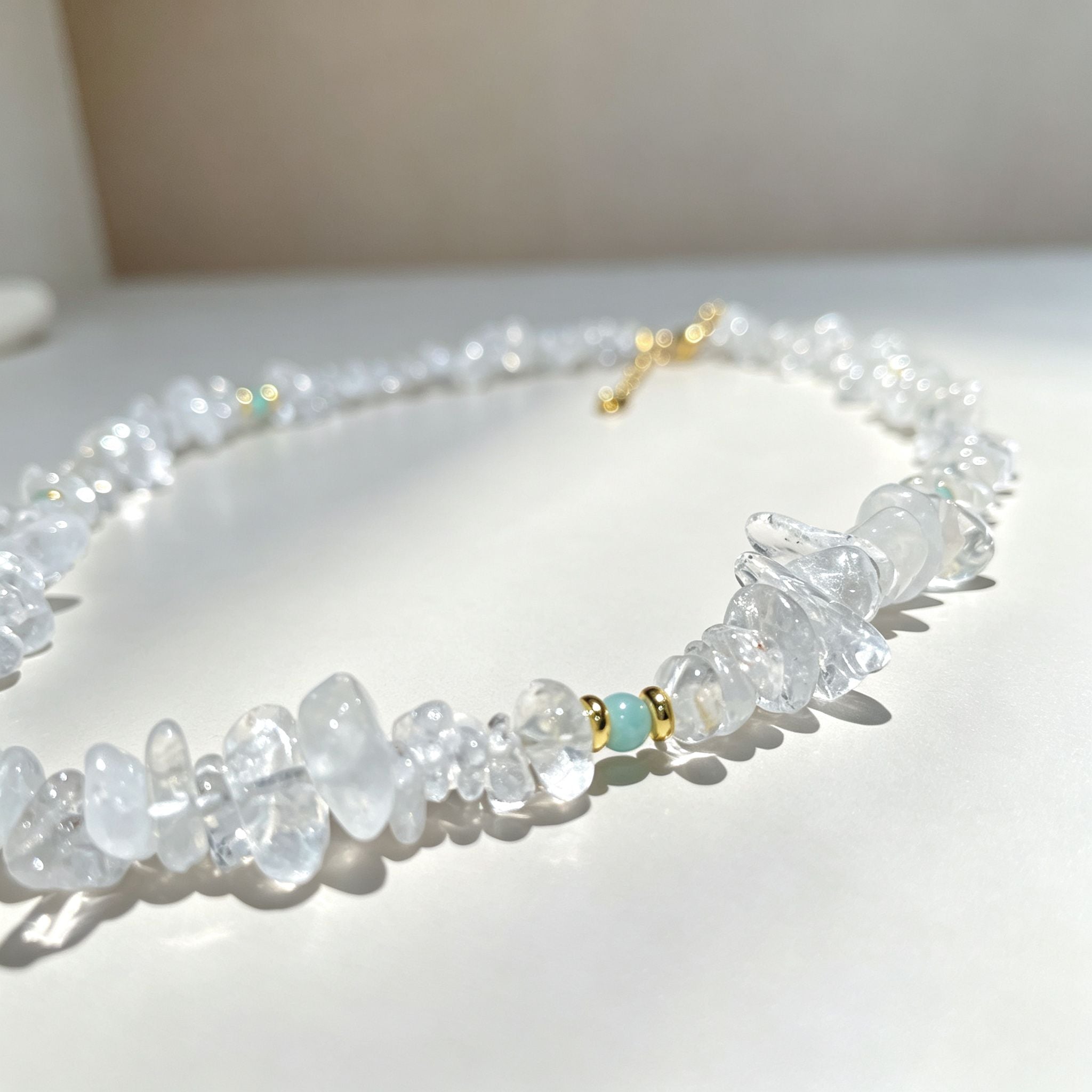 Handmade Clear Quartz Crystal Chip Stone Choker Necklace | Raw Natural Stone Light Blue Gold Accent
