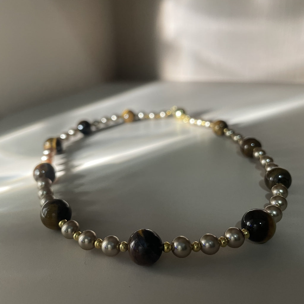 Handmade Tiger Eye & Gold Bead Choker Necklace | Natural Stone Alternating Design