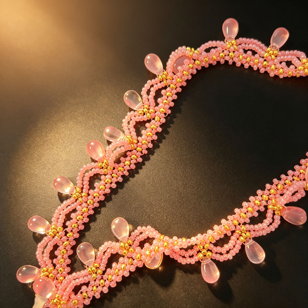 Handmade Pink & Gold Wave Lace Beaded Choker Necklace | Pink Crystal Teardrop Drop Fringe Y2K Princess Collar