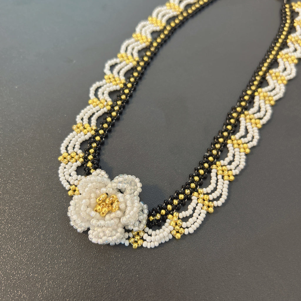 Handmade Black & White Wave Lace Beaded Choker Necklace | 3D White Rose Center Yellow-Green Stamen Cottagecore