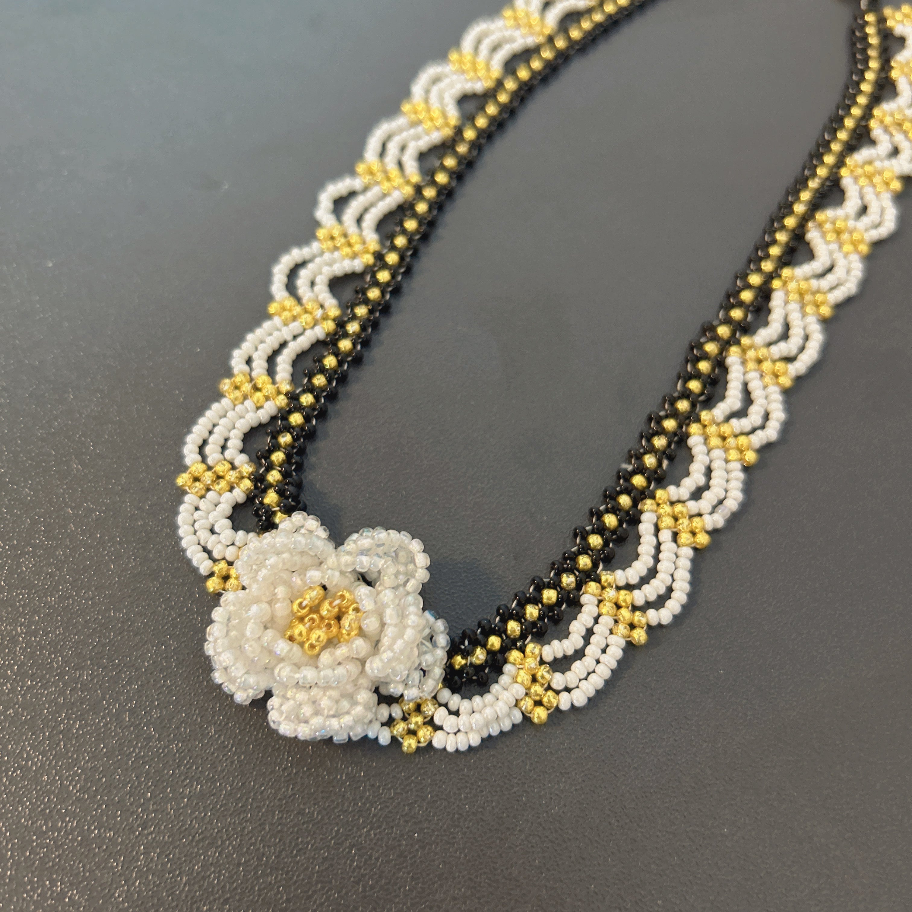 Handmade Black & White Wave Lace Beaded Choker Necklace | 3D White Rose Center Yellow-Green Stamen Cottagecore