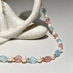 Handmade Morganite Pearl & Aquamarine Mixed Stone Choker Necklace | Pastel Pink Blue Gold