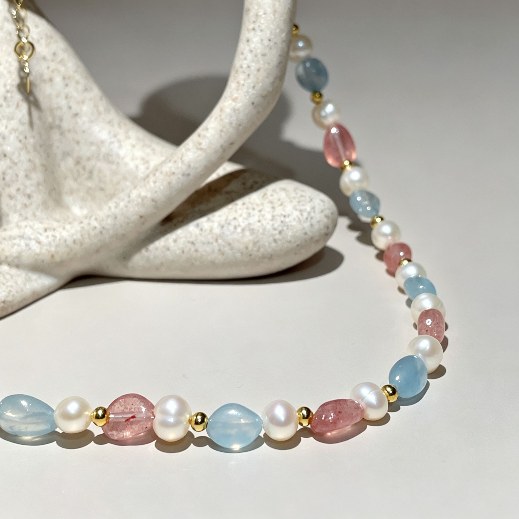 Handmade Morganite Pearl & Aquamarine Mixed Stone Choker Necklace | Pastel Pink Blue Gold