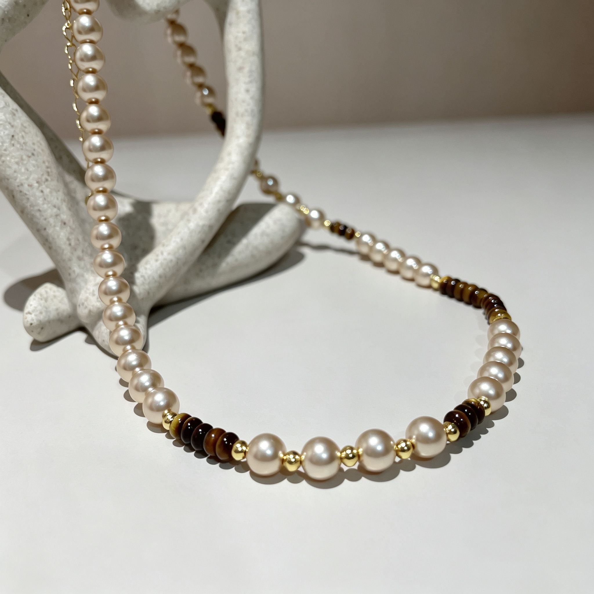 Handmade Pearl & Tiger Eye Disc Choker Necklace | Gold Spacer Elegant Natural Stone Jewelry