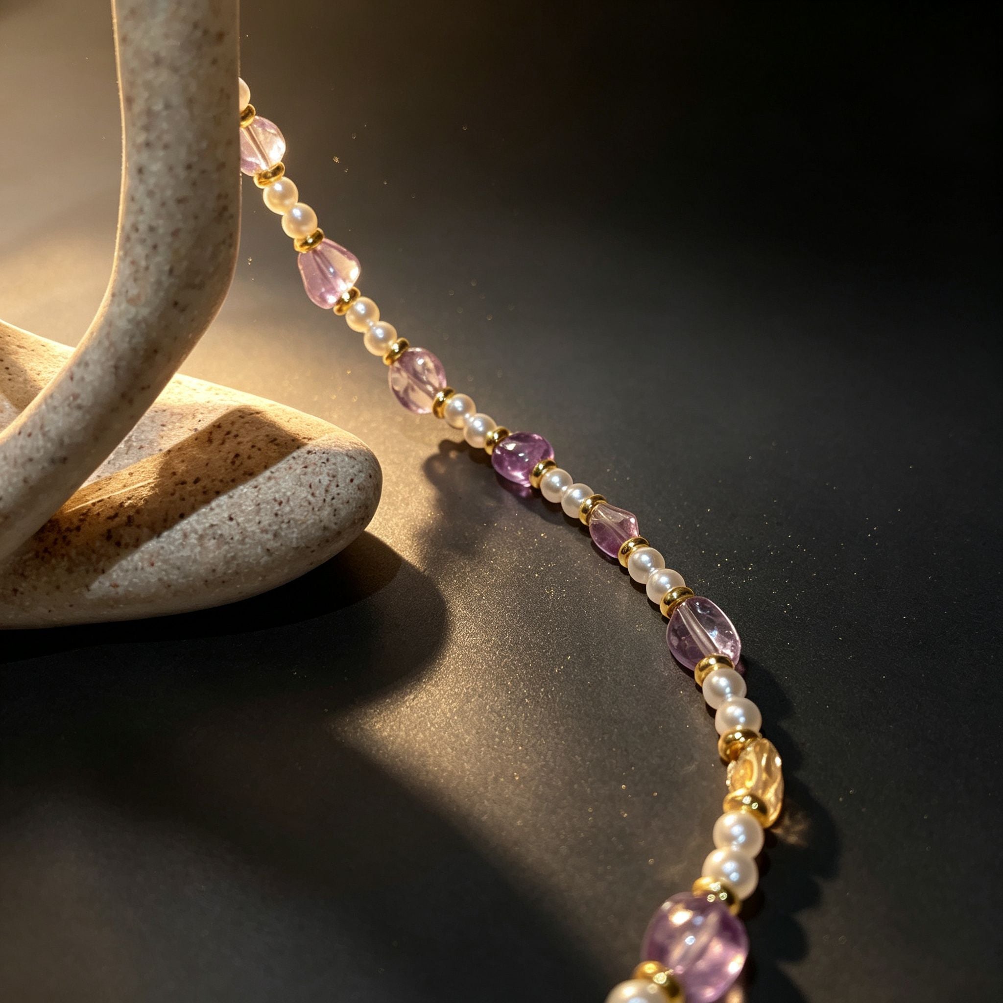 Handmade Amethyst Tumbled Stone & Pearl Choker Necklace | Gold Spacer Natural Stone Jewelry