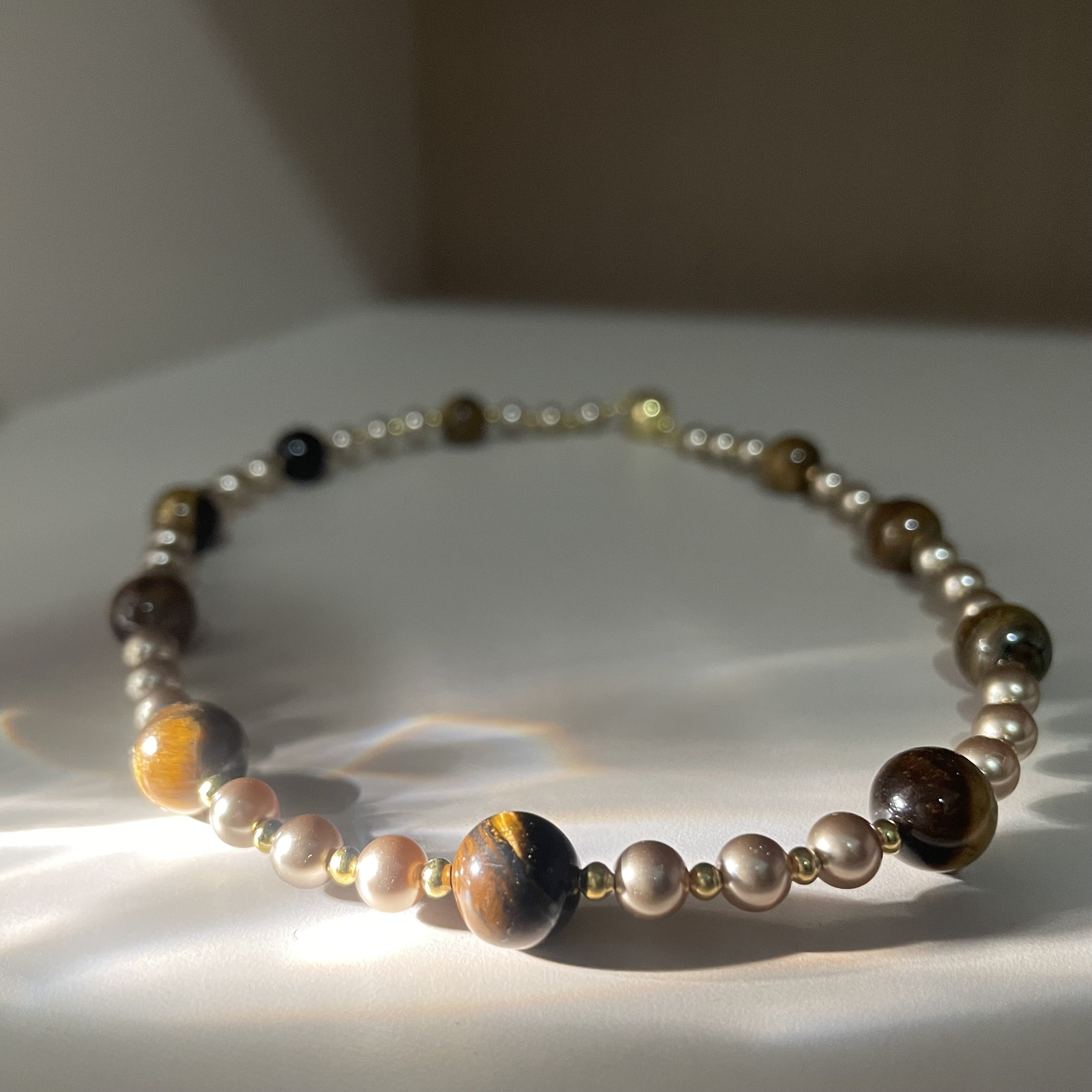 Handmade Tiger Eye & Gold Bead Choker Necklace | Natural Stone Alternating Design