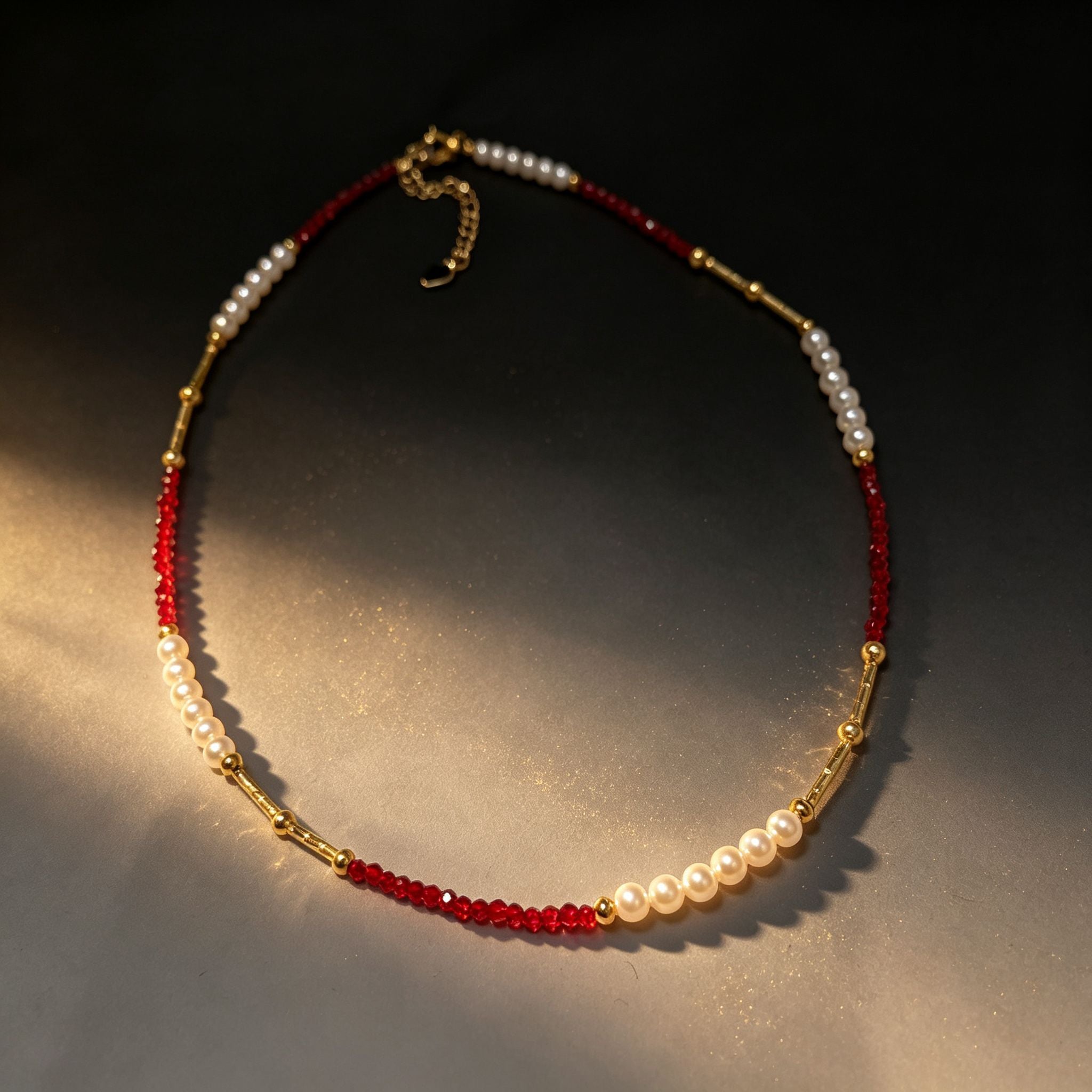 Handmade Red Crystal & Pearl Choker Necklace | Gold Tube Spacer Heart Charm Extender