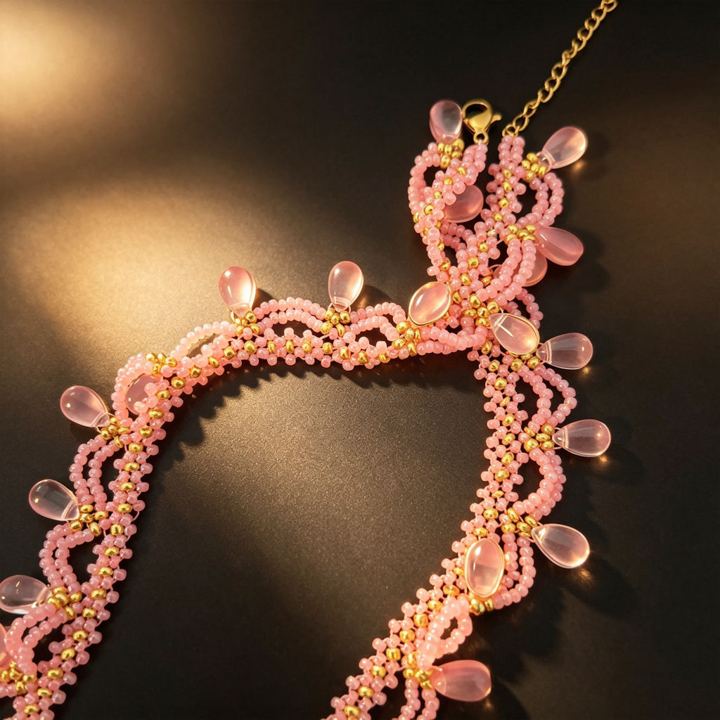 Handmade Pink & Gold Wave Lace Beaded Choker Necklace | Pink Crystal Teardrop Drop Fringe Y2K Princess Collar