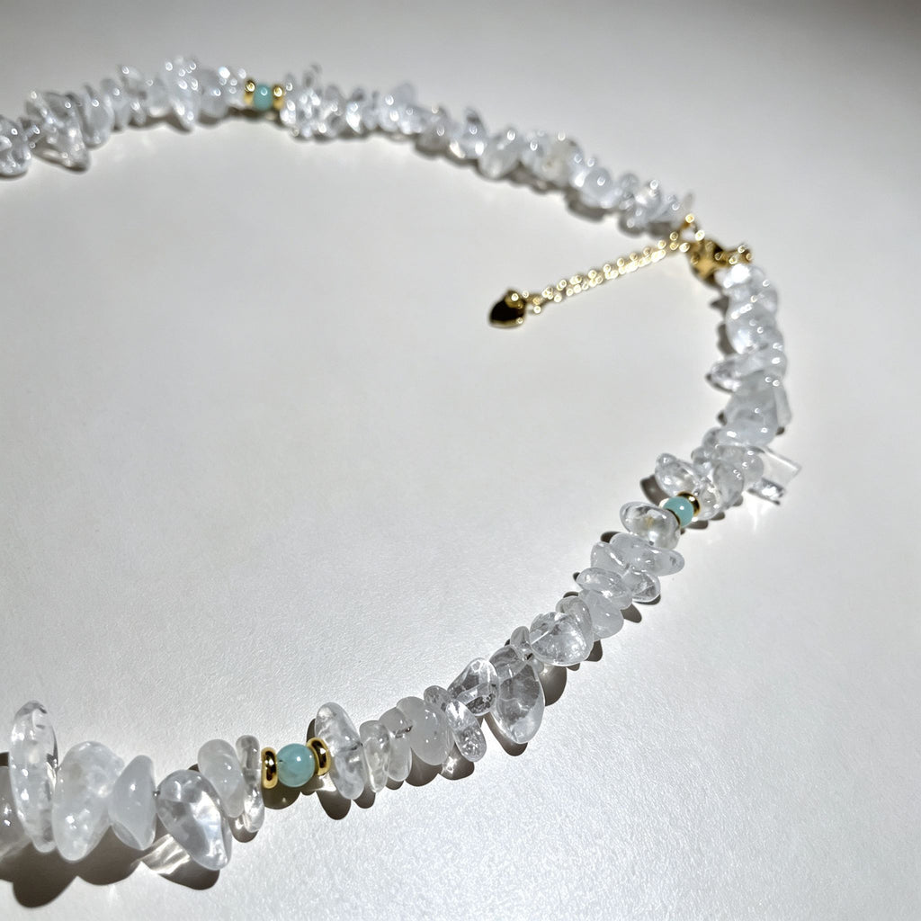 Handmade Clear Quartz Crystal Chip Stone Choker Necklace | Raw Natural Stone Light Blue Gold Accent