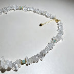 Handmade Clear Quartz Crystal Chip Stone Choker Necklace | Raw Natural Stone Light Blue Gold Accent