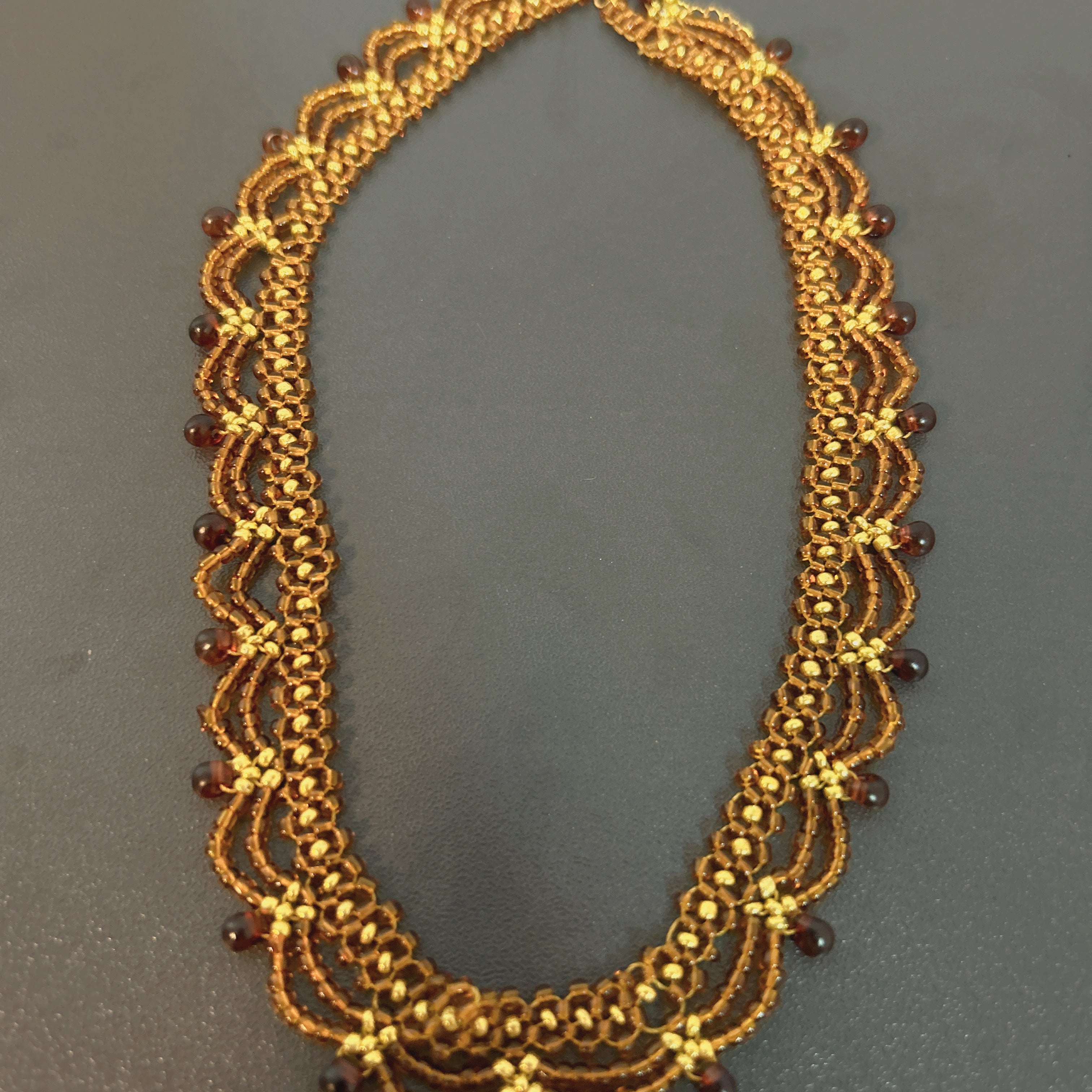 Handmade Gold & Brown Multi-Layer Wave Lace Beaded Choker Necklace | Brown Bead Drop Fringe Vintage Luxe Collar