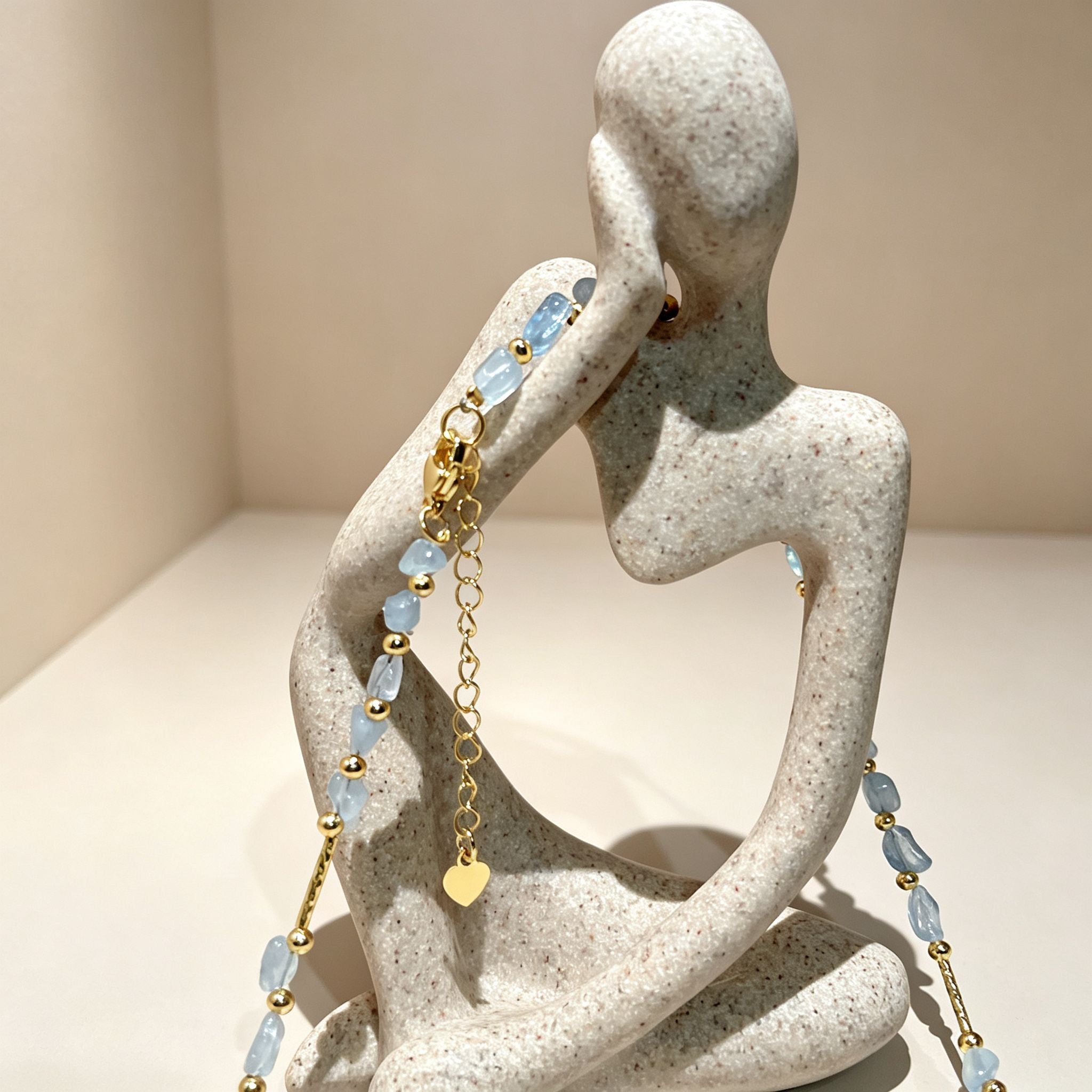 Handmade Aquamarine Chip Stone Choker Necklace | Gold Round & Tube Spacer Heart Charm Extender