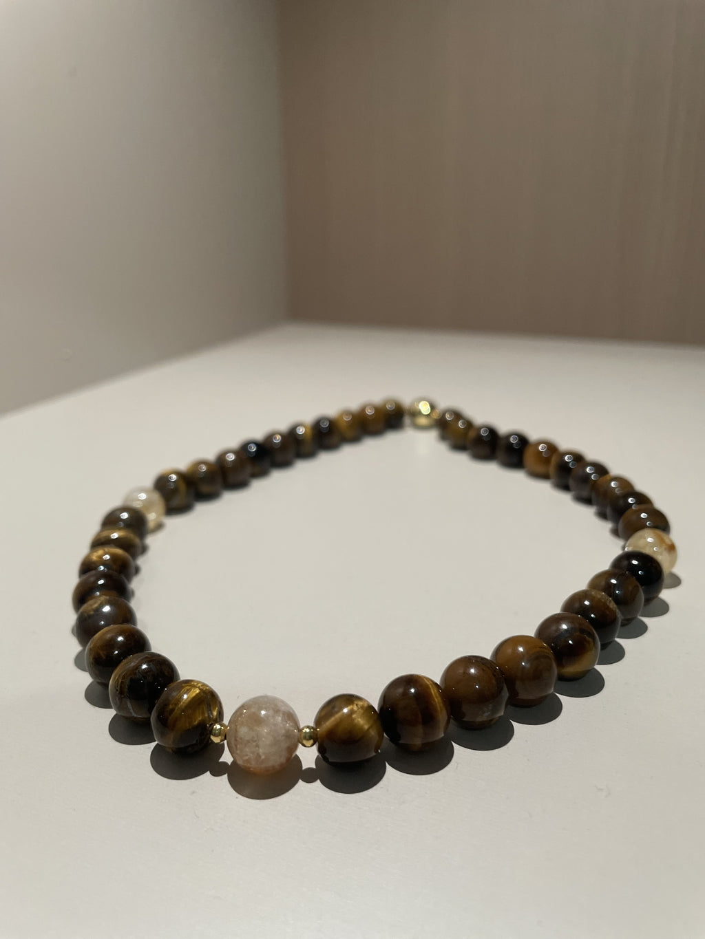 Handmade Tiger Eye Stone & Freshwater Pearl Beaded Necklace | Gold Brown Natural Stone Silver Spacer