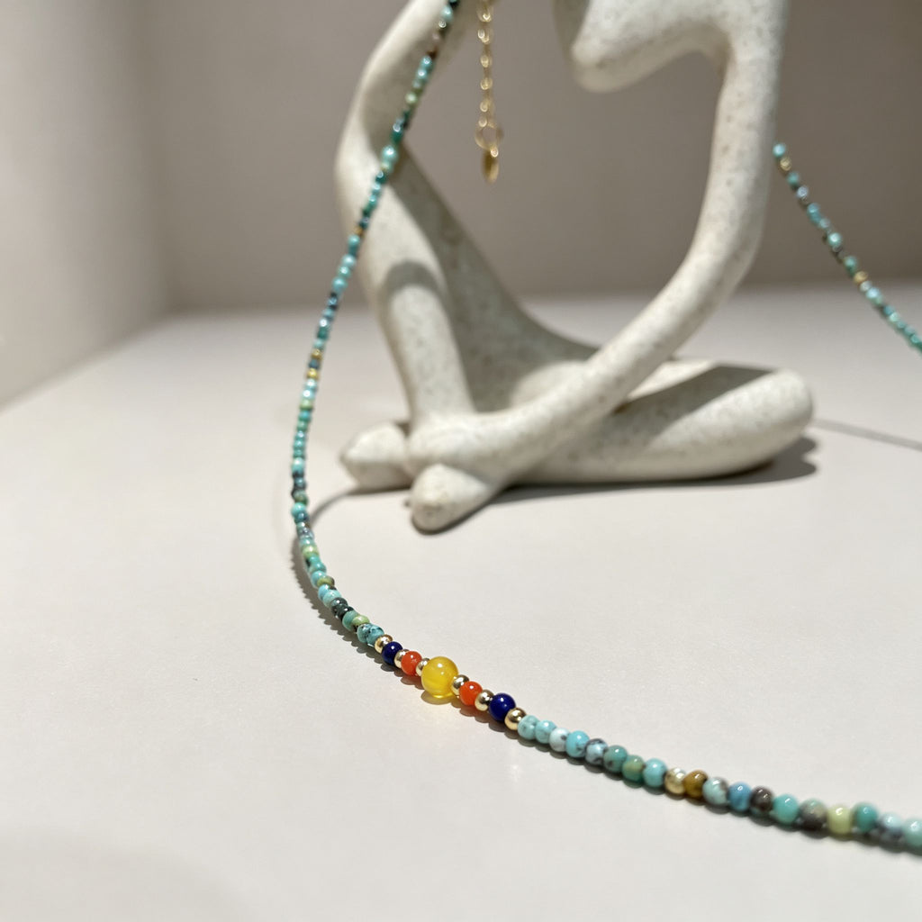 Handmade Mint Green Seed Bead Choker Necklace | Orange Agate Navy Blue Gold Accent