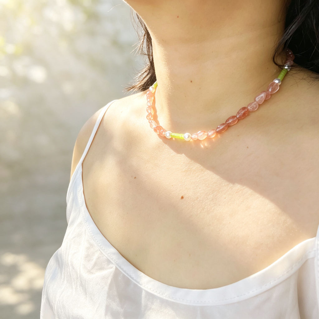 Handmade Strawberry Quartz & Green Jade Tube Pearl Necklace | Gold Lobster Clasp Heart Charm