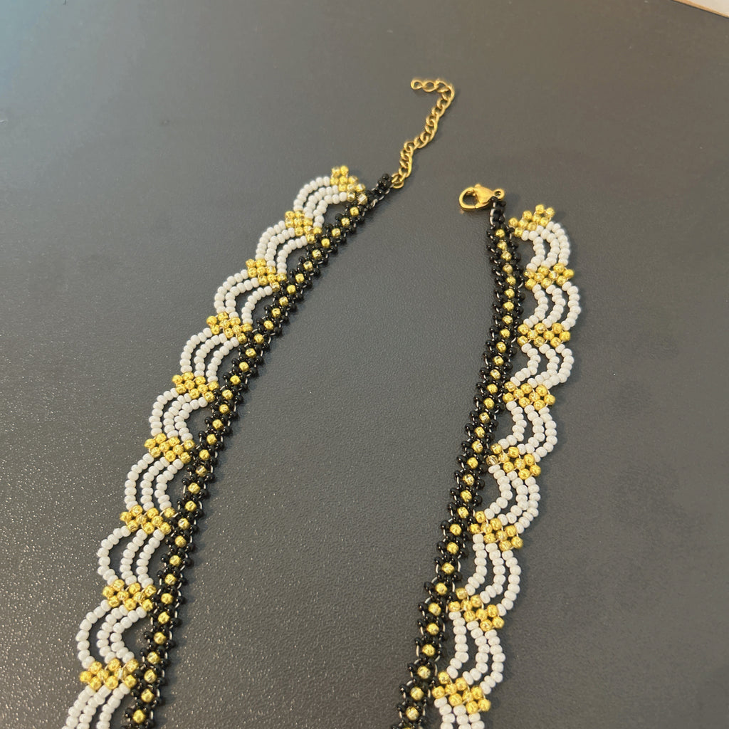 Handmade Black & White Wave Lace Beaded Choker Necklace | 3D White Rose Center Yellow-Green Stamen Cottagecore