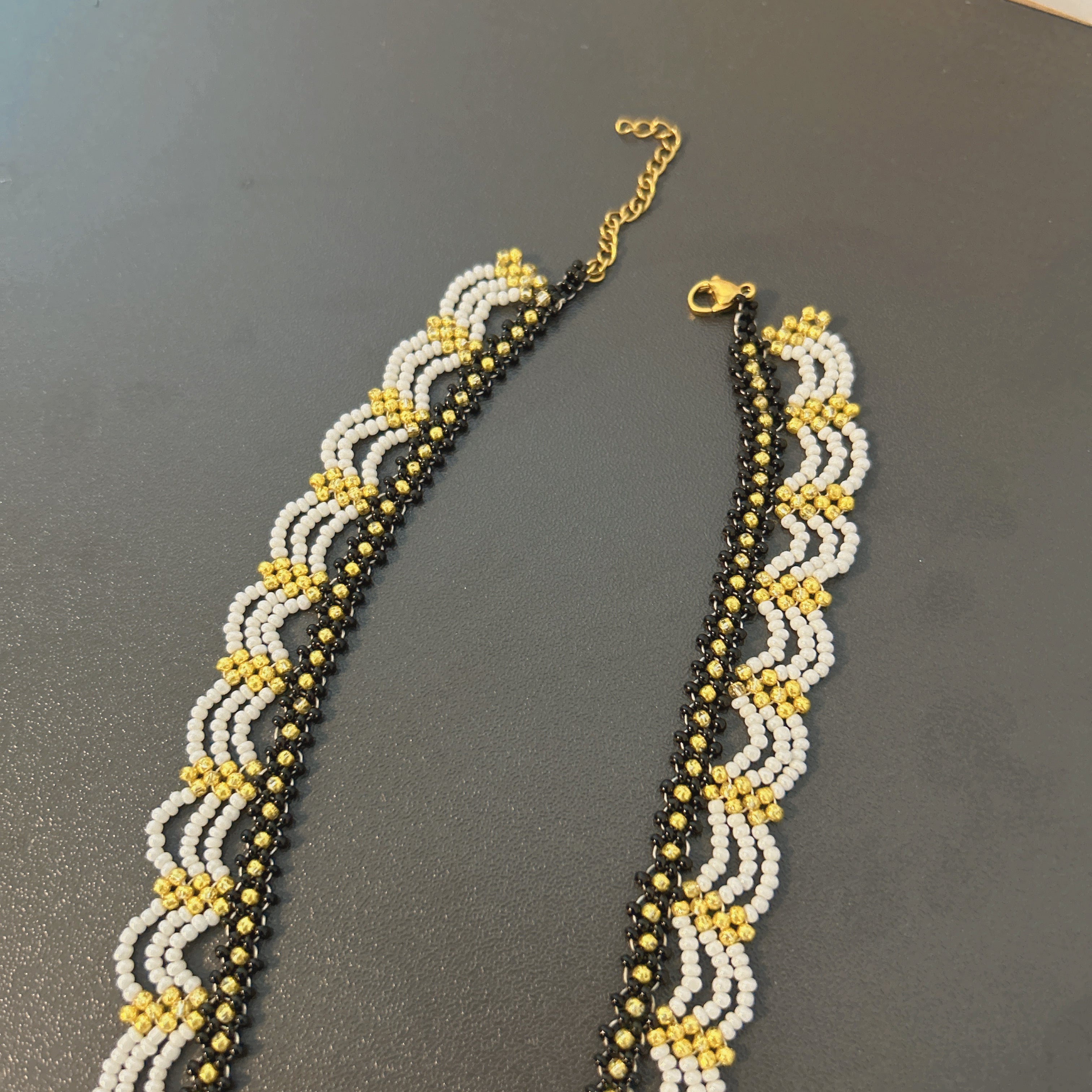 Handmade Black & White Wave Lace Beaded Choker Necklace | 3D White Rose Center Yellow-Green Stamen Cottagecore