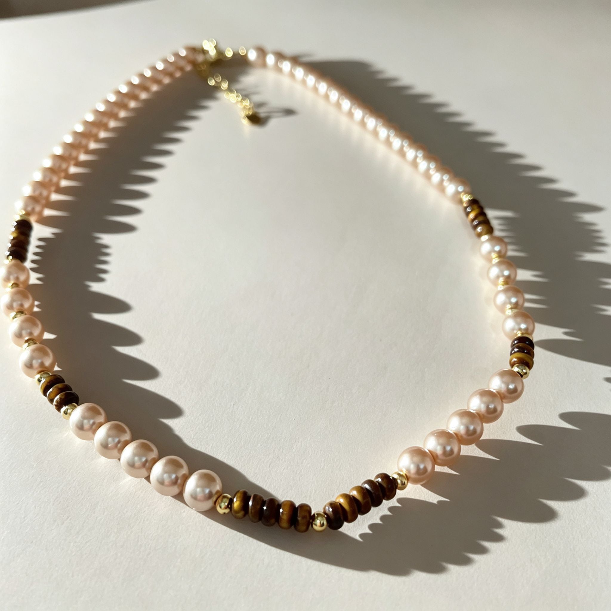 Handmade Pearl & Tiger Eye Disc Choker Necklace | Gold Spacer Elegant Natural Stone Jewelry