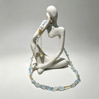Handmade Aquamarine Chip Stone Choker Necklace | Gold Round & Tube Spacer Heart Charm Extender
