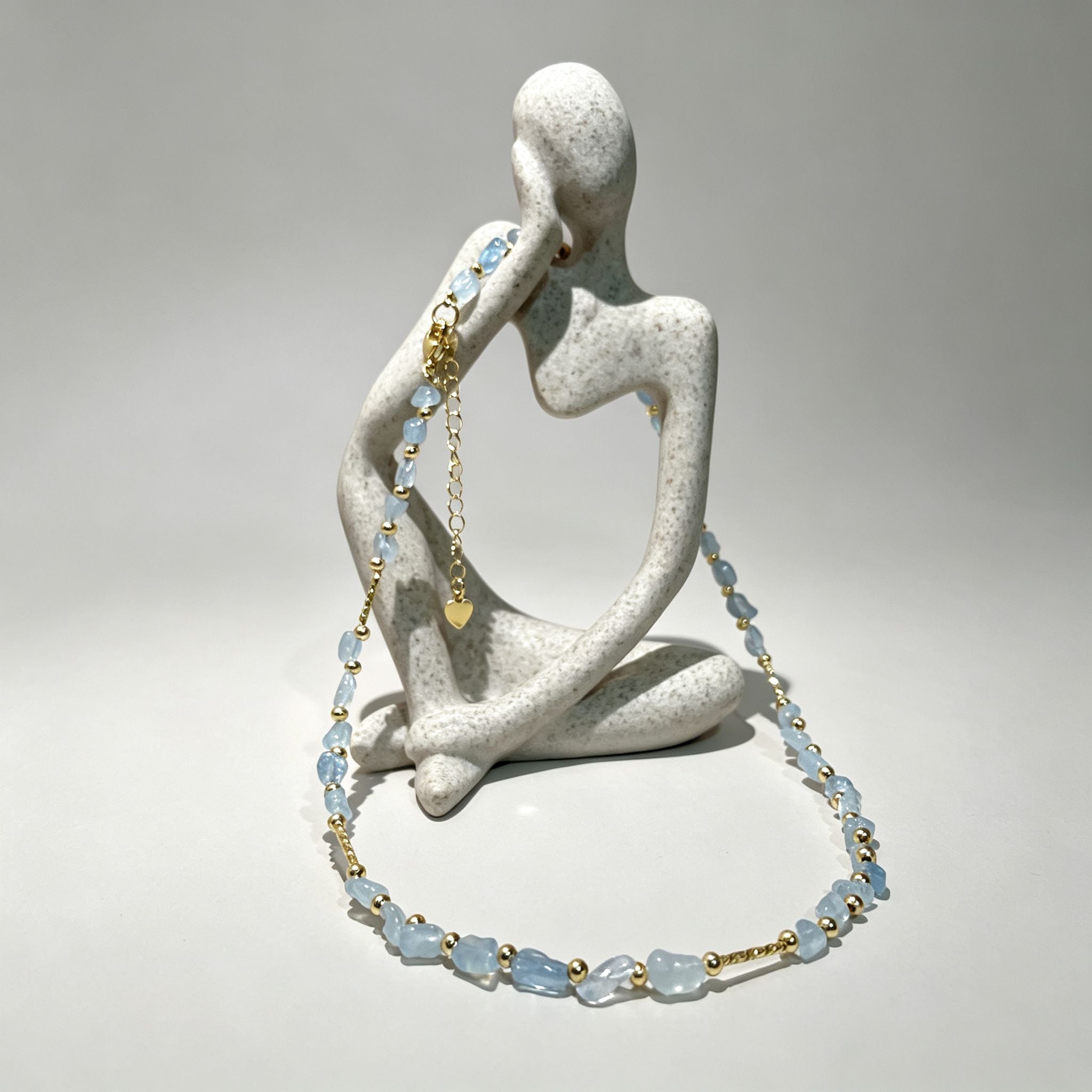 Handmade Aquamarine Chip Stone Choker Necklace | Gold Round & Tube Spacer Heart Charm Extender