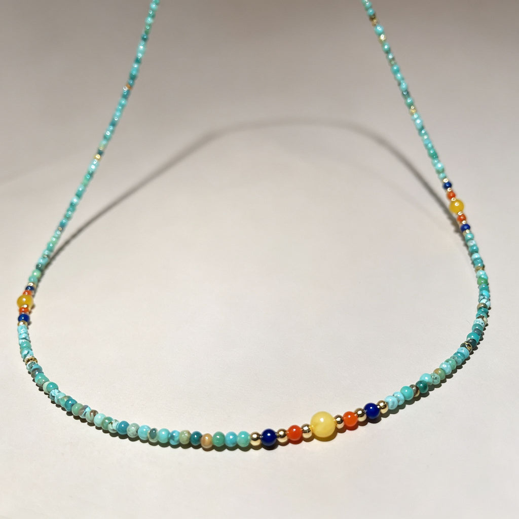 Handmade Mint Green Seed Bead Choker Necklace | Orange Agate Navy Blue Gold Accent