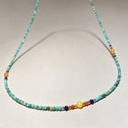 Handmade Mint Green Seed Bead Choker Necklace | Orange Agate Navy Blue Gold Accent