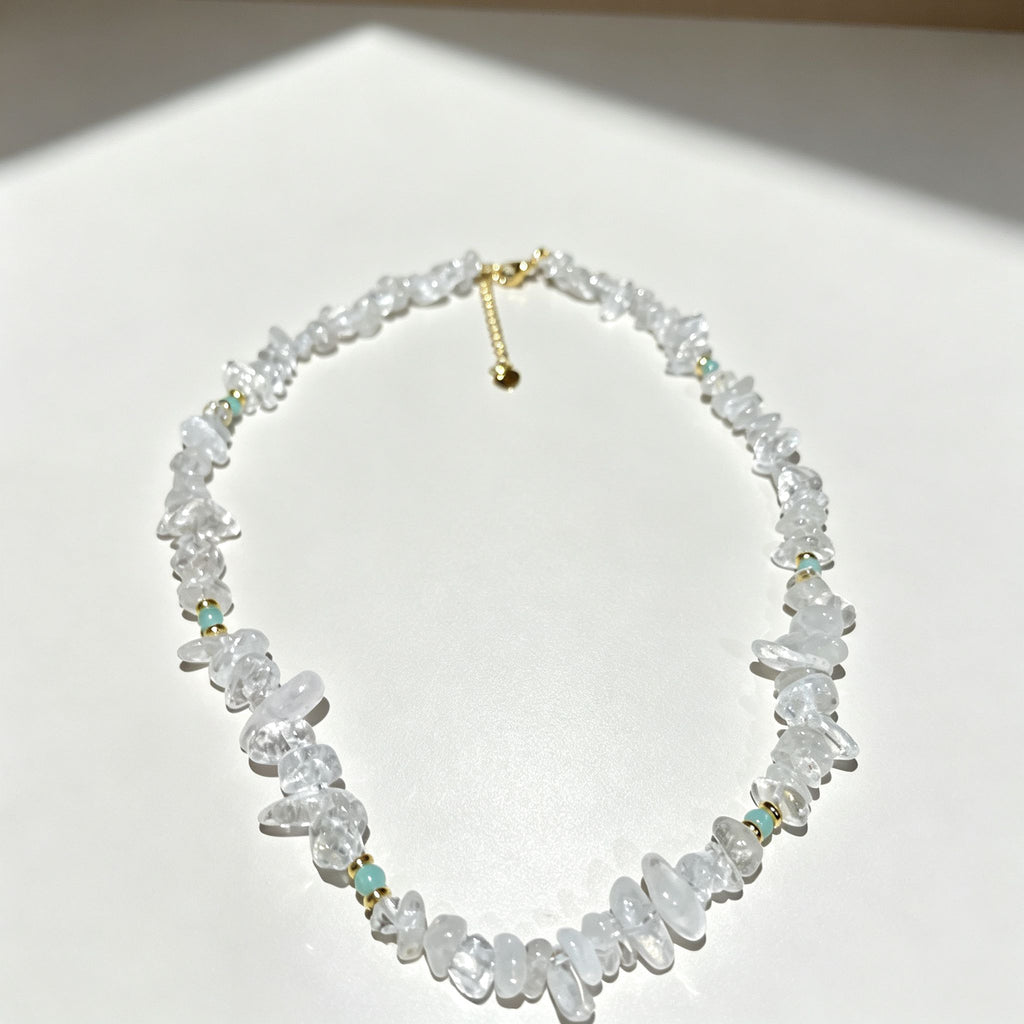 Handmade Clear Quartz Crystal Chip Stone Choker Necklace | Raw Natural Stone Light Blue Gold Accent