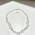 Handmade Clear Quartz Crystal Chip Stone Choker Necklace | Raw Natural Stone Light Blue Gold Accent