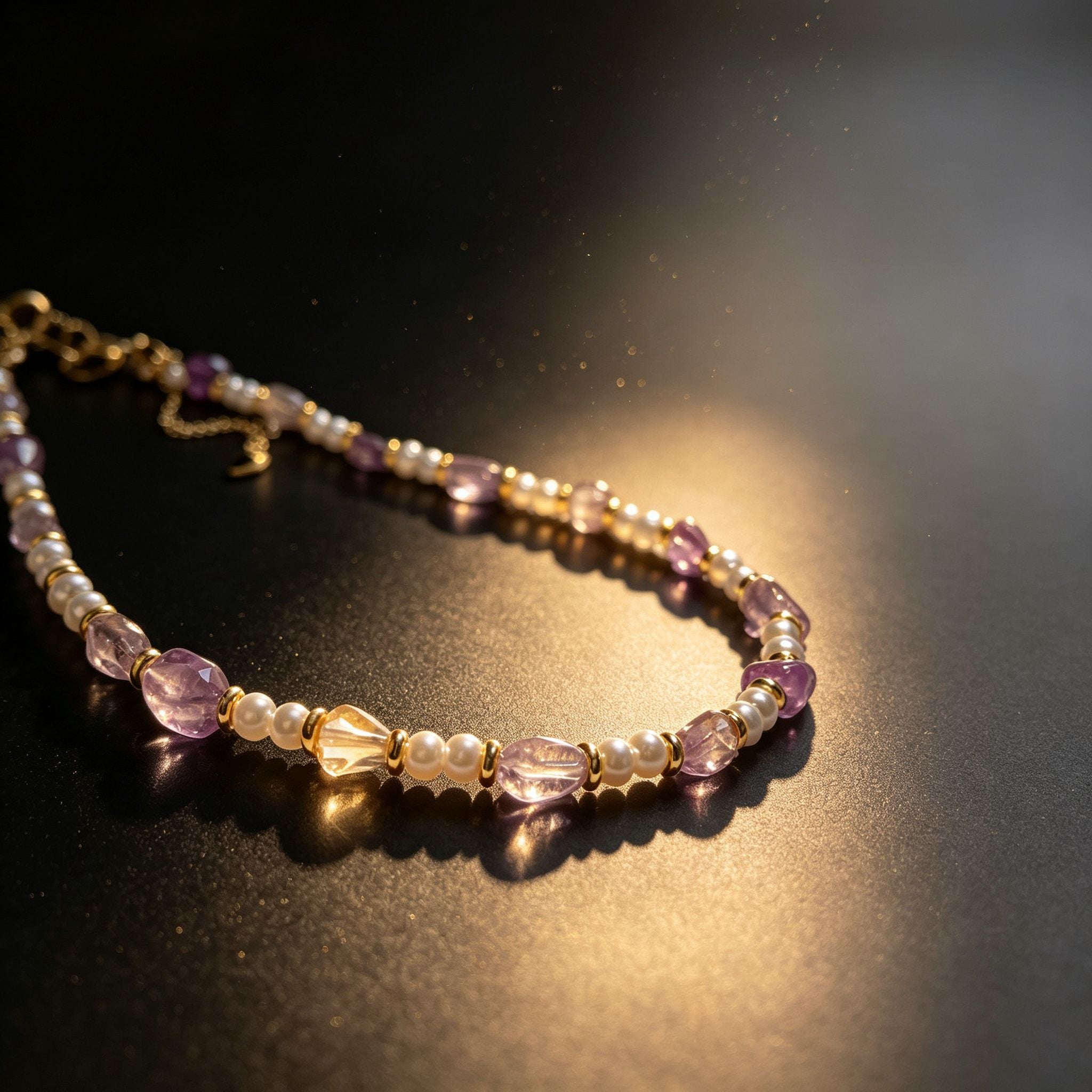 Handmade Amethyst Tumbled Stone & Pearl Choker Necklace | Gold Spacer Natural Stone Jewelry
