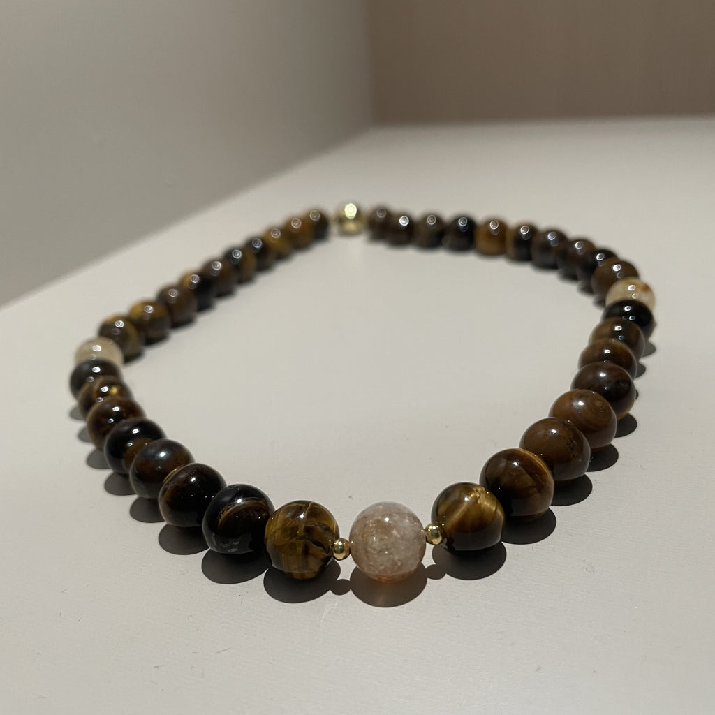 Handmade Tiger Eye Stone & Freshwater Pearl Beaded Necklace | Gold Brown Natural Stone Silver Spacer