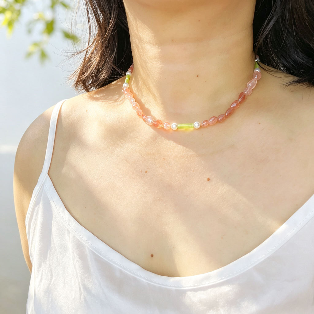 Handmade Strawberry Quartz & Green Jade Tube Pearl Necklace | Gold Lobster Clasp Heart Charm