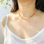 Handmade Strawberry Quartz & Green Jade Tube Pearl Necklace | Gold Lobster Clasp Heart Charm