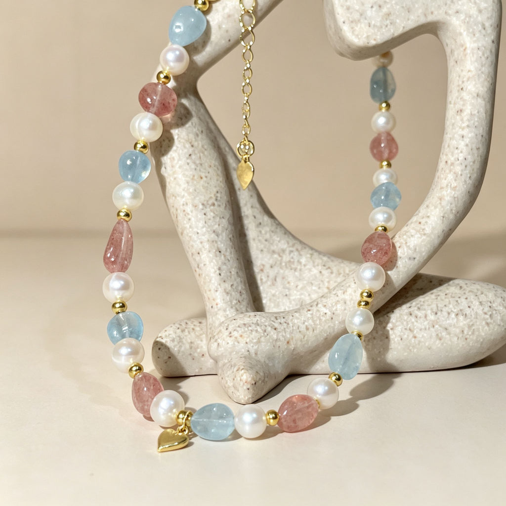 Handmade Morganite Pearl & Aquamarine Mixed Stone Choker Necklace | Pastel Pink Blue Gold