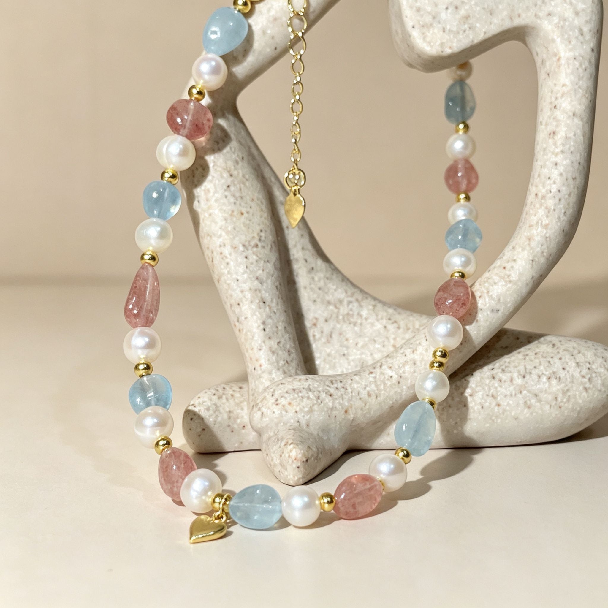 Handmade Morganite Pearl & Aquamarine Mixed Stone Choker Necklace | Pastel Pink Blue Gold
