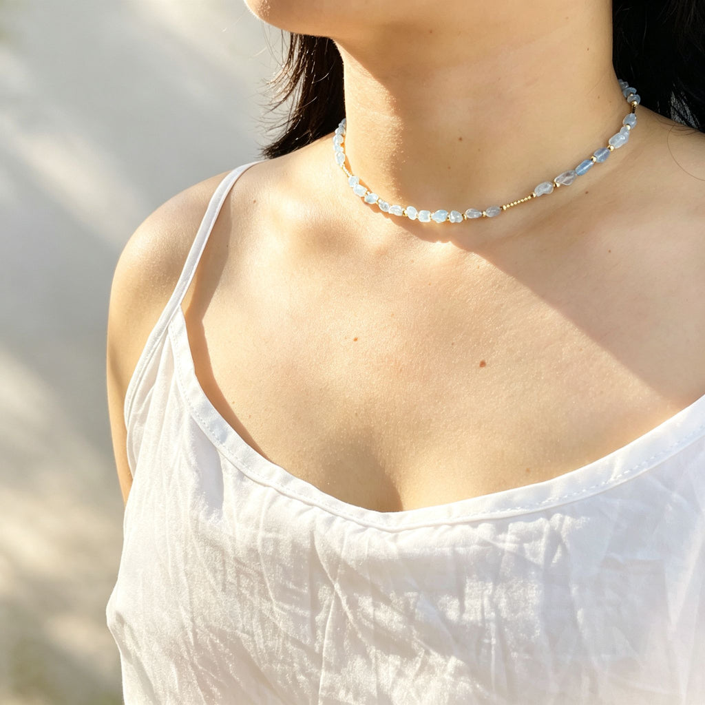 Handmade Aquamarine Chip Stone Choker Necklace | Gold Round & Tube Spacer Heart Charm Extender