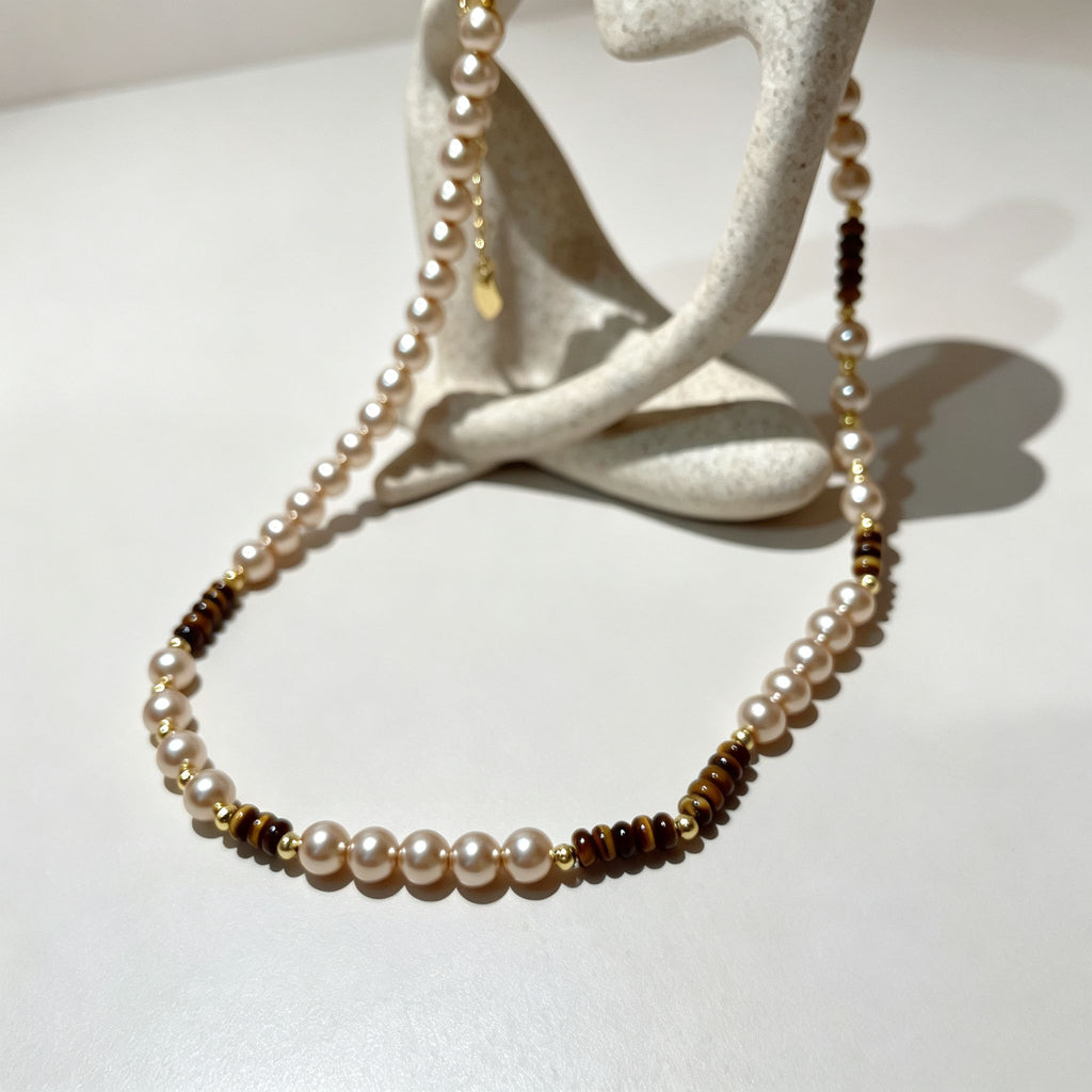 Handmade Pearl & Tiger Eye Disc Choker Necklace | Gold Spacer Elegant Natural Stone Jewelry