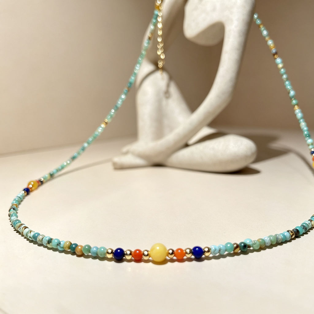 Handmade Mint Green Seed Bead Choker Necklace | Orange Agate Navy Blue Gold Accent