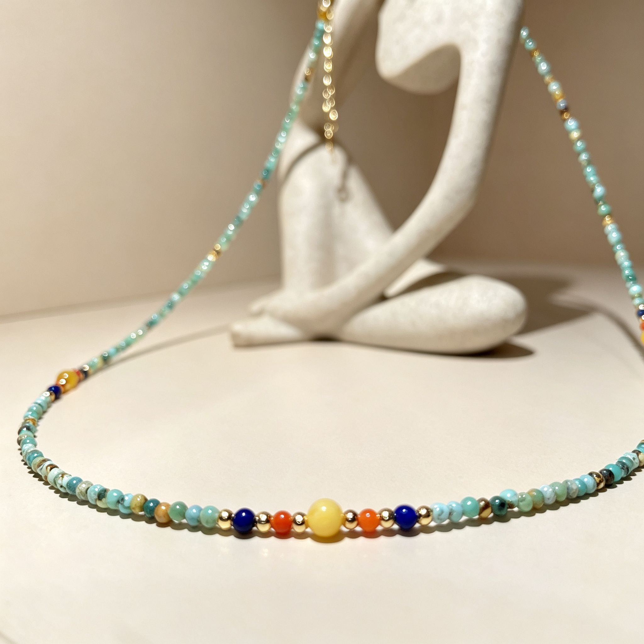 Handmade Mint Green Seed Bead Choker Necklace | Orange Agate Navy Blue Gold Accent