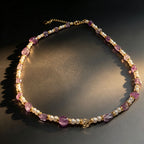 Handmade Amethyst Tumbled Stone & Pearl Choker Necklace | Gold Spacer Natural Stone Jewelry