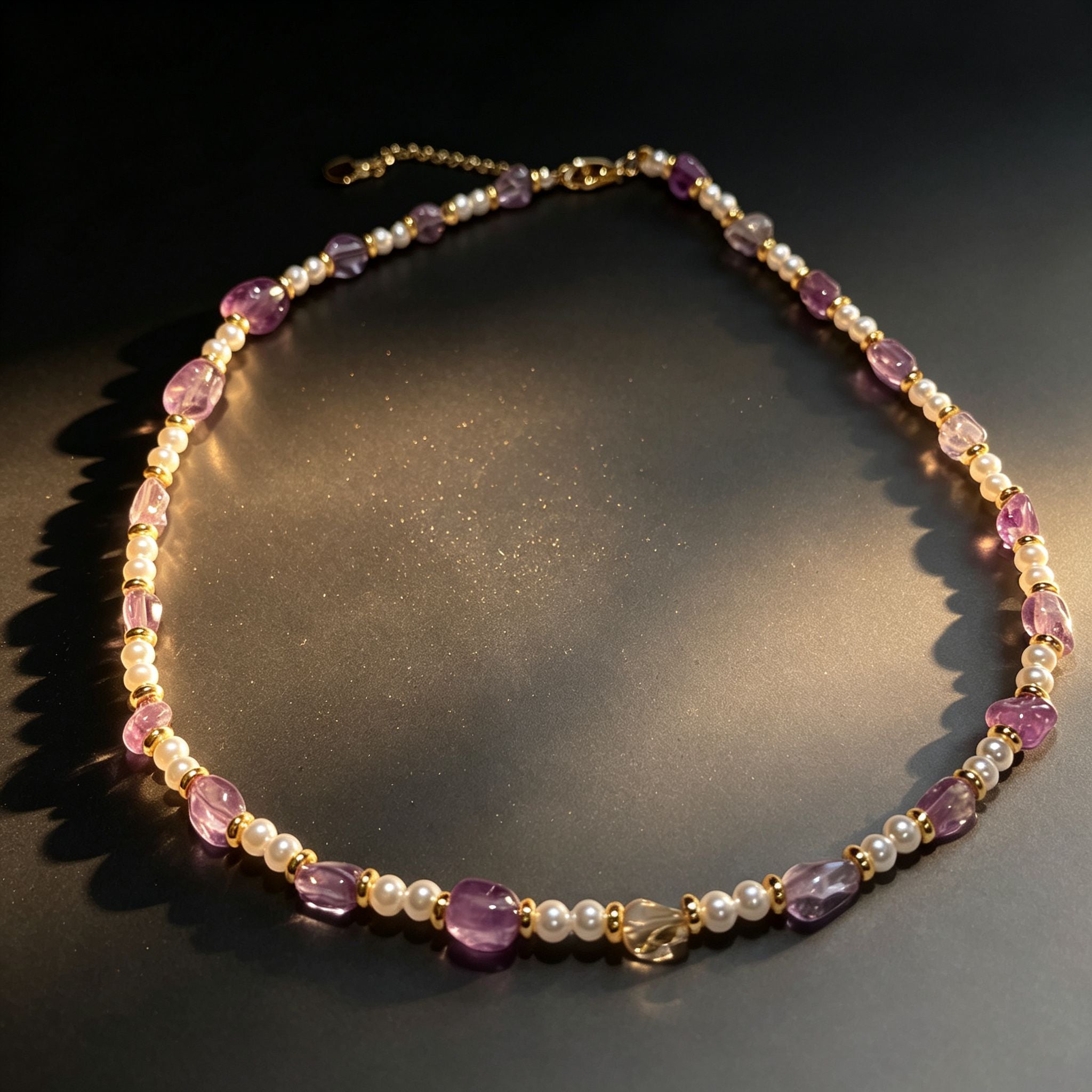 Handmade Amethyst Tumbled Stone & Pearl Choker Necklace | Gold Spacer Natural Stone Jewelry