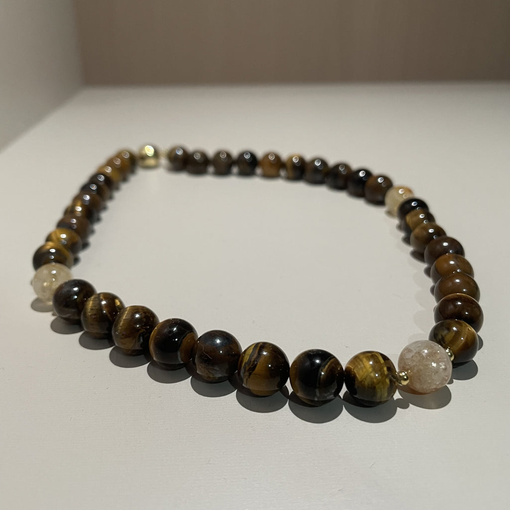 Handmade Tiger Eye Stone & Freshwater Pearl Beaded Necklace | Gold Brown Natural Stone Silver Spacer