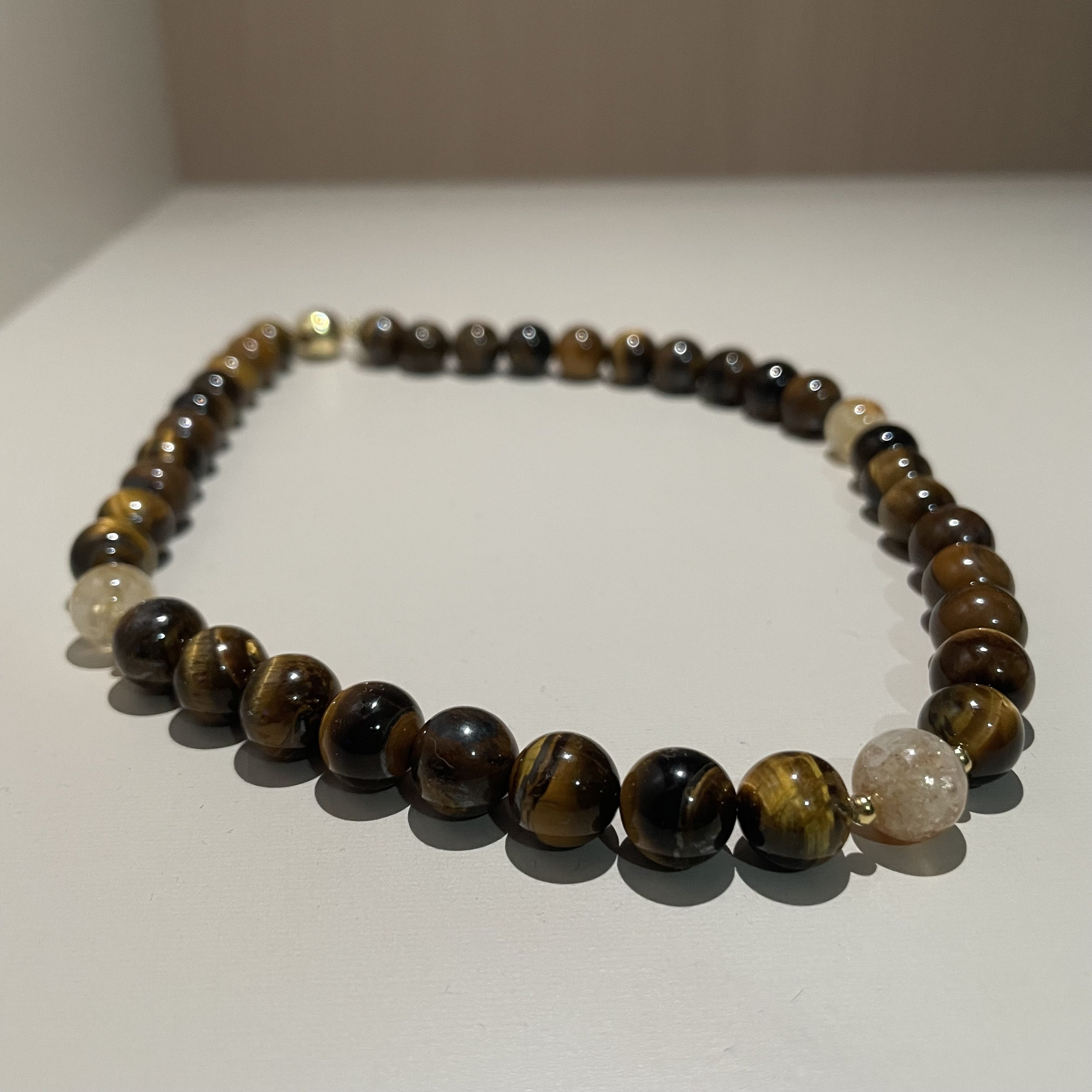 Handmade Tiger Eye Stone & Freshwater Pearl Beaded Necklace | Gold Brown Natural Stone Silver Spacer