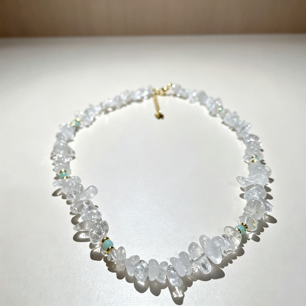 Handmade Clear Quartz Crystal Chip Stone Choker Necklace | Raw Natural Stone Light Blue Gold Accent