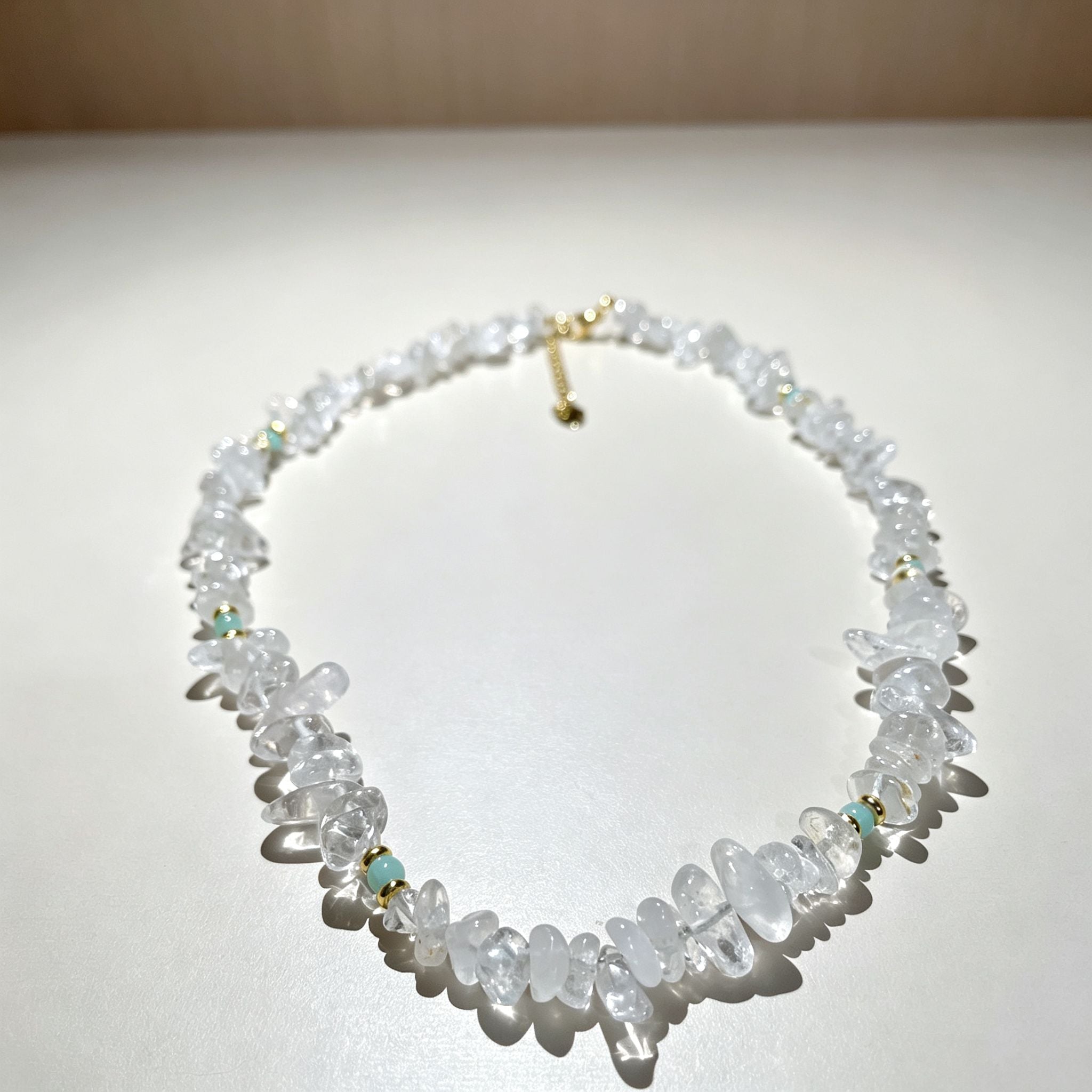 Handmade Clear Quartz Crystal Chip Stone Choker Necklace | Raw Natural Stone Light Blue Gold Accent