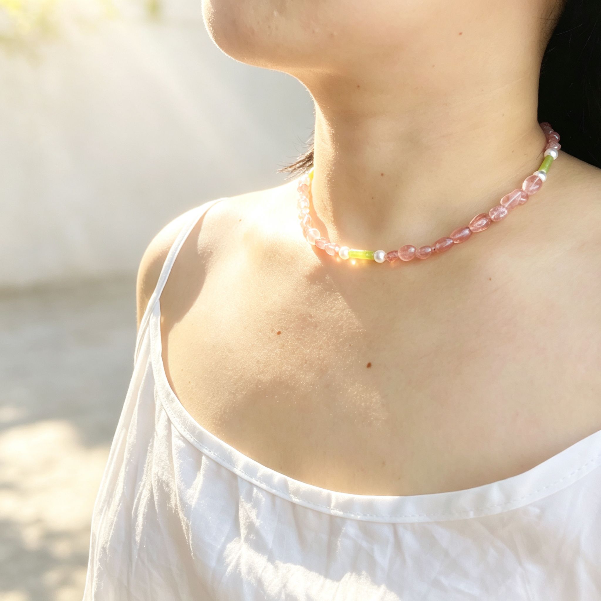 Handmade Strawberry Quartz & Green Jade Tube Pearl Necklace | Gold Lobster Clasp Heart Charm