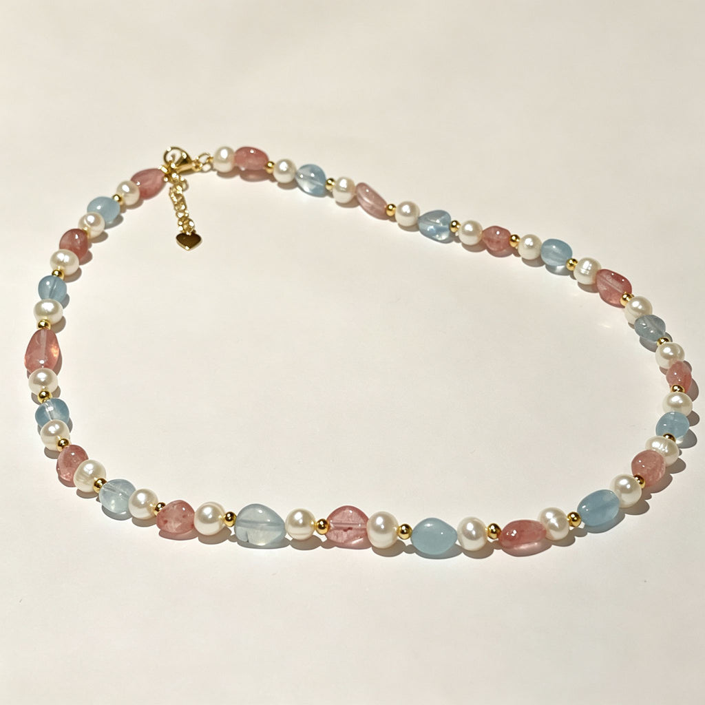 Handmade Morganite Pearl & Aquamarine Mixed Stone Choker Necklace | Pastel Pink Blue Gold