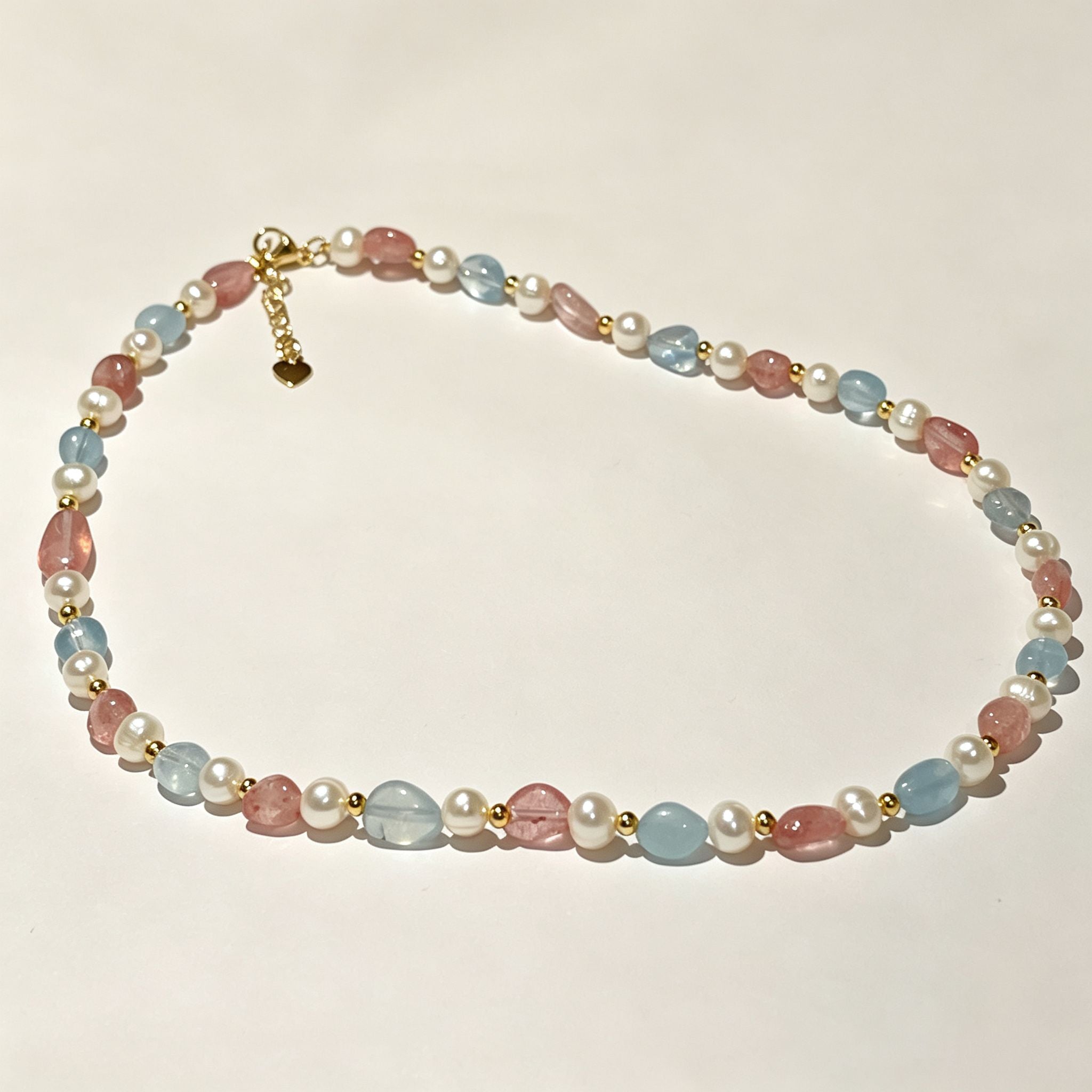 Handmade Morganite Pearl & Aquamarine Mixed Stone Choker Necklace | Pastel Pink Blue Gold